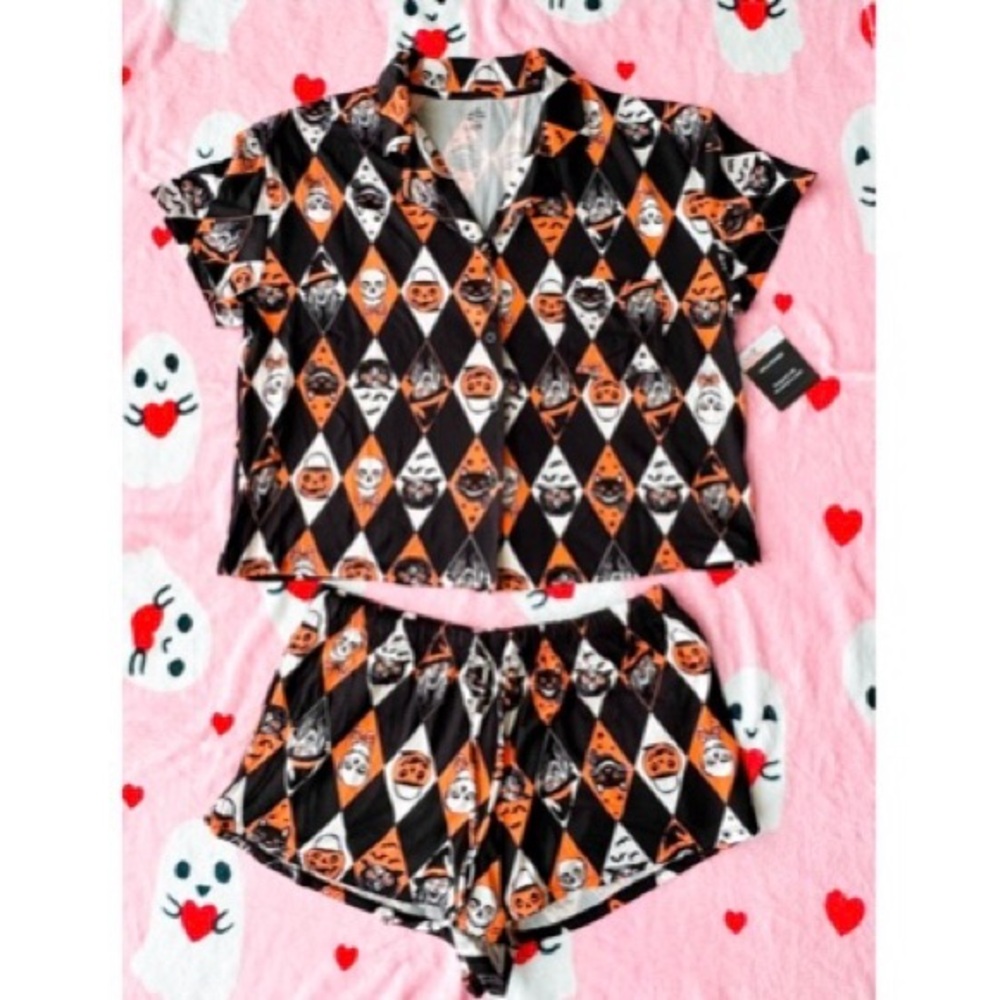 nwt halloween shorty pajama set in black soot diamond print M walmart 2024